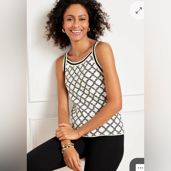 Talbots LATTICE JACQUARD TIPPED black white knit tank top size XS geo print - Picture 1 of 7